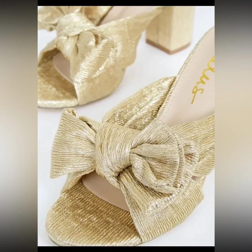 New Lulus Dorothea Metallic Rose Gold Bow Slip On Block Heel Size 10 - Picture 3 of 8